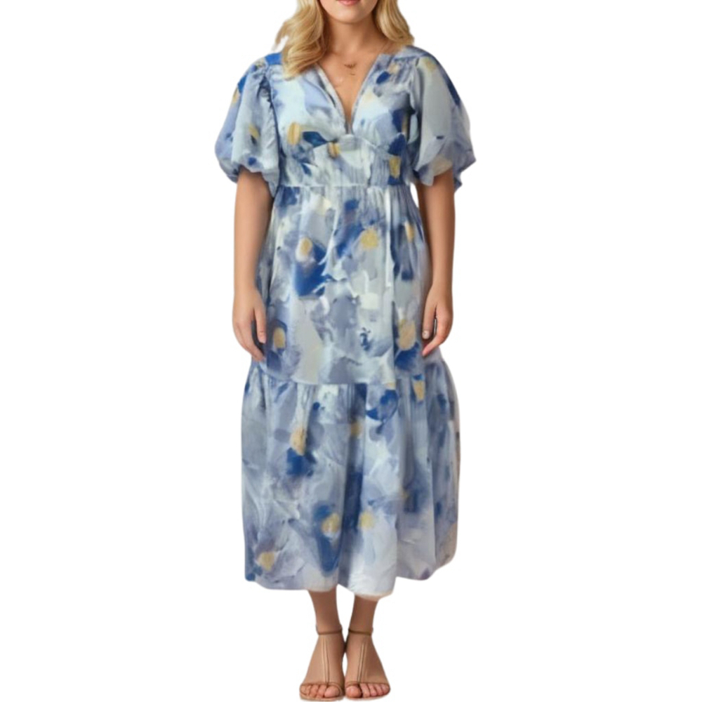 Blue Floral Midi Dress Puff Sleeve Tiered Jessica Simpson Dress Vacation Travel